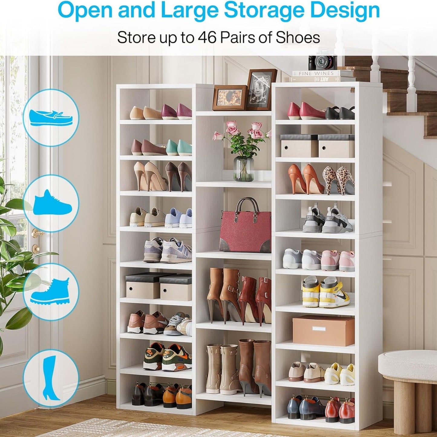 14 Tier Shoe Storage Cabinet With 23 Open Cubbies, 46 Pairs Capacity Entryway Organizer - White