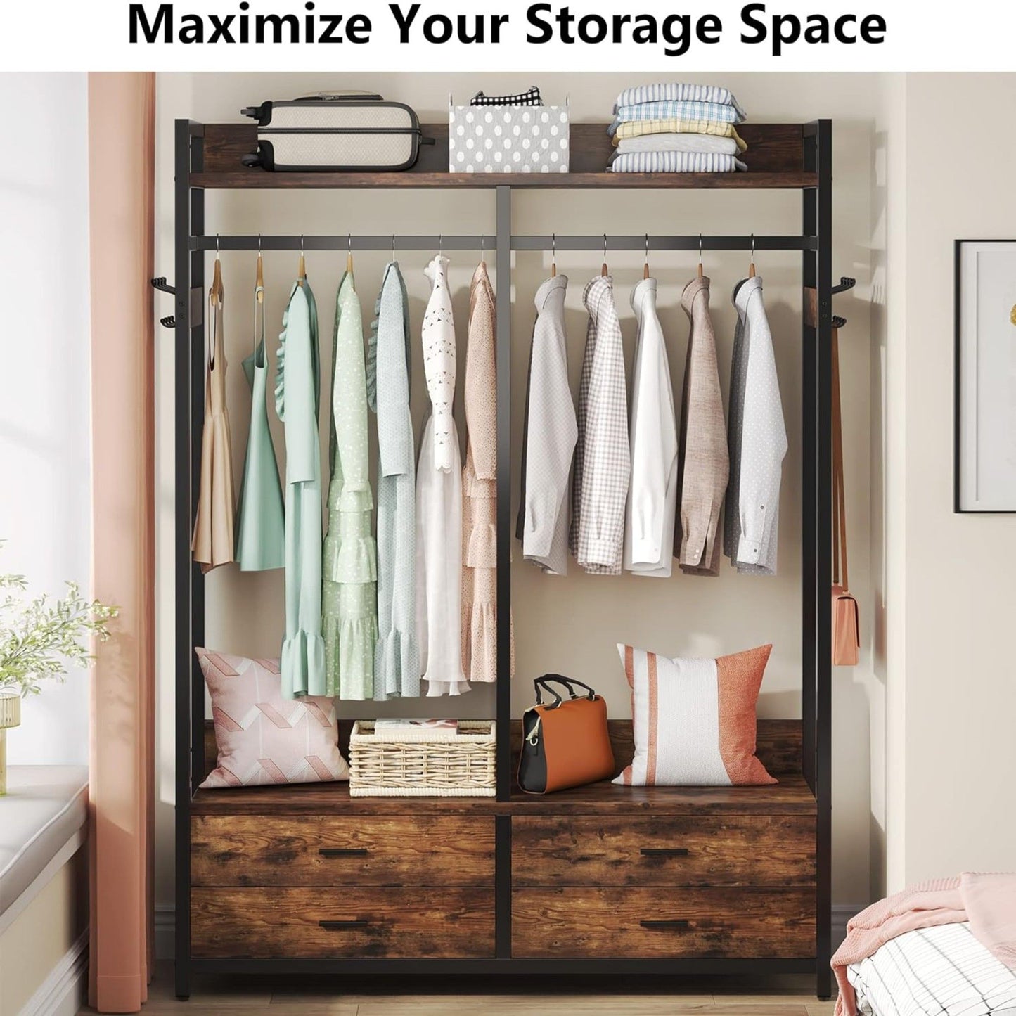Freestanding Closet Organizer With 4 Drawers, 8 Hooks, Shelves, And Hanging Rod - Brown / Black