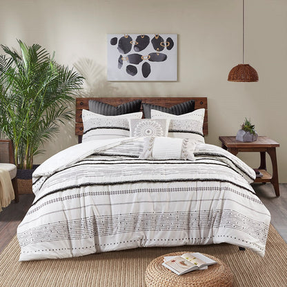 Cotton Printed Comforter Set with Trims Black/White Full/Queen
