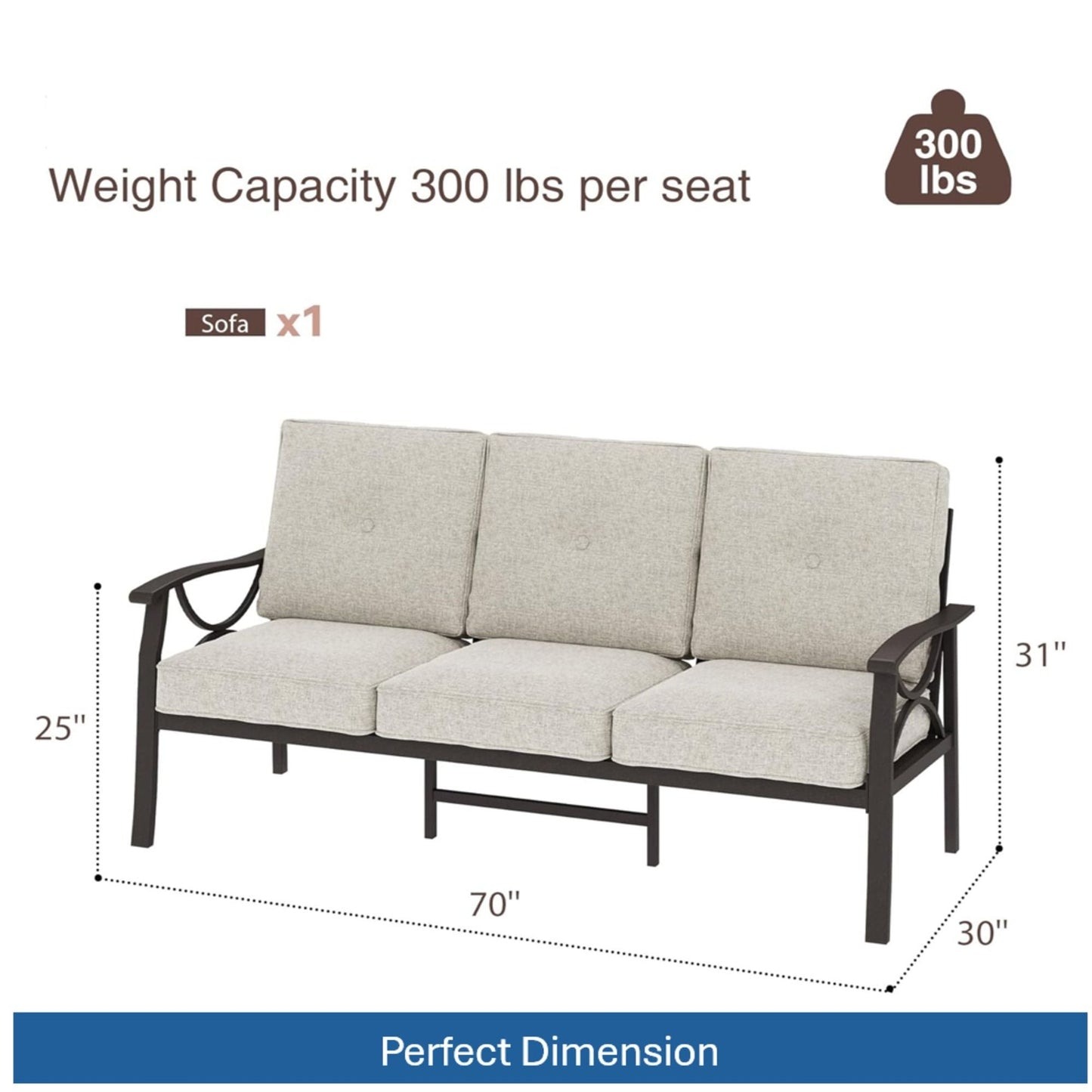 All-Weather 3 Seat Patio Sofa With Cushions