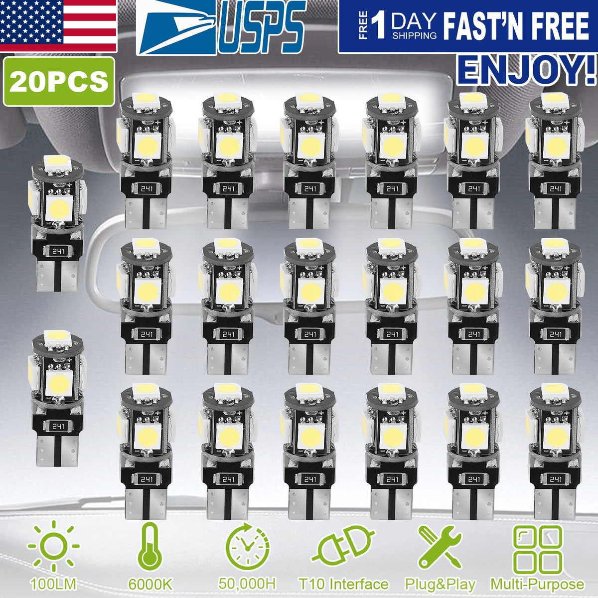 20Pcs T10 SMD5050 LED Light Bulbs 6000K Wedge Light Lamps Dome Map License Plate Car Interior Festoon Lights Kits