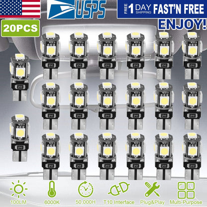 20Pcs T10 SMD5050 LED Light Bulbs 6000K Wedge Light Lamps Dome Map License Plate Car Interior Festoon Lights Kits