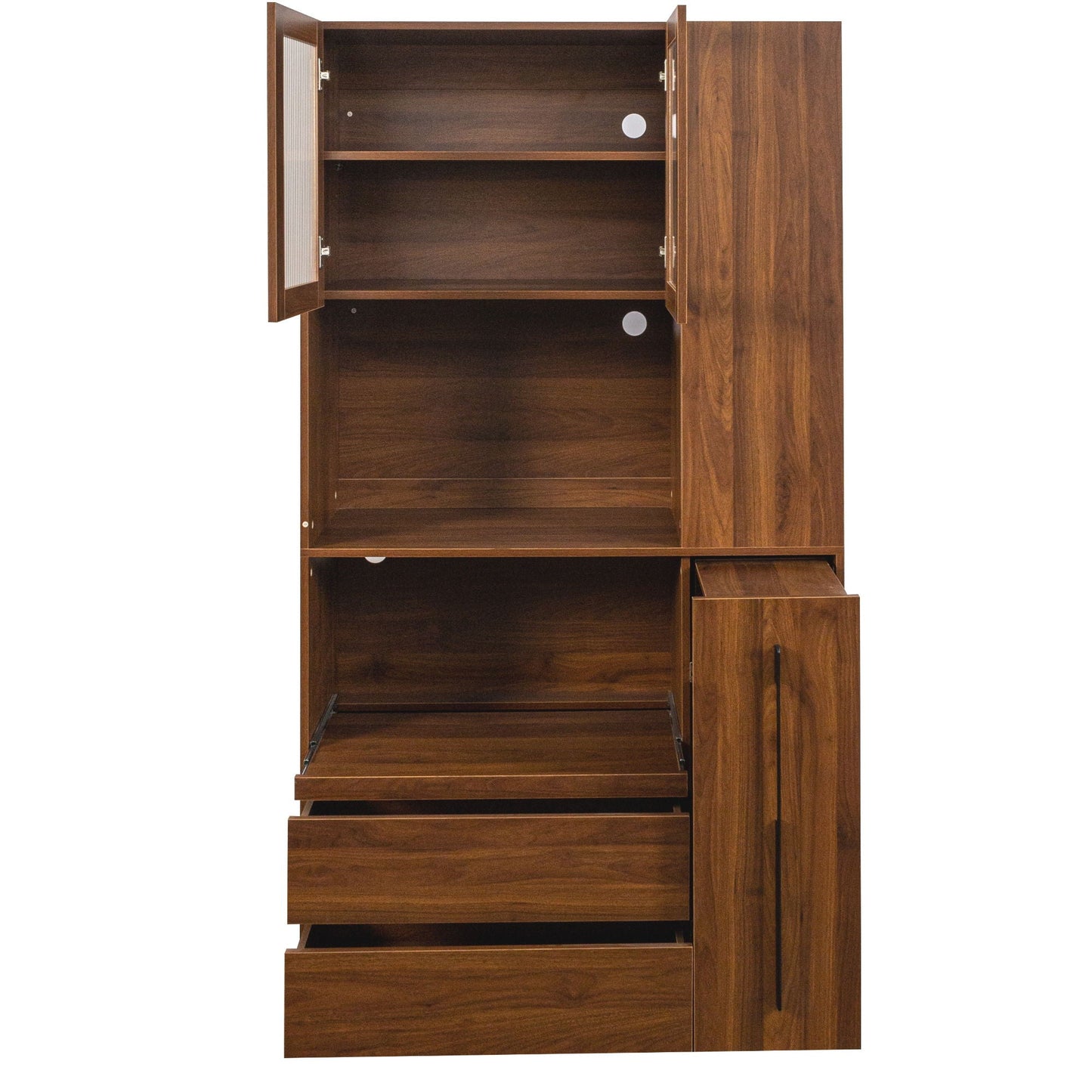 Tall Kitchen Pantry Cabinet With 4 Tier Side Shelf, 2 Drawers, Freestanding Food Hutch With Microwave Stand For Dining Room - Walnut