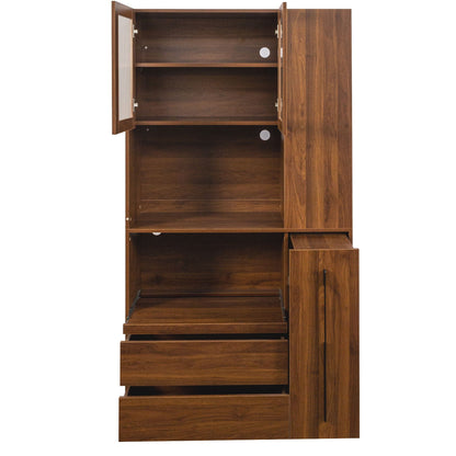 Tall Kitchen Pantry Cabinet With 4 Tier Side Shelf, 2 Drawers, Freestanding Food Hutch With Microwave Stand For Dining Room - Walnut