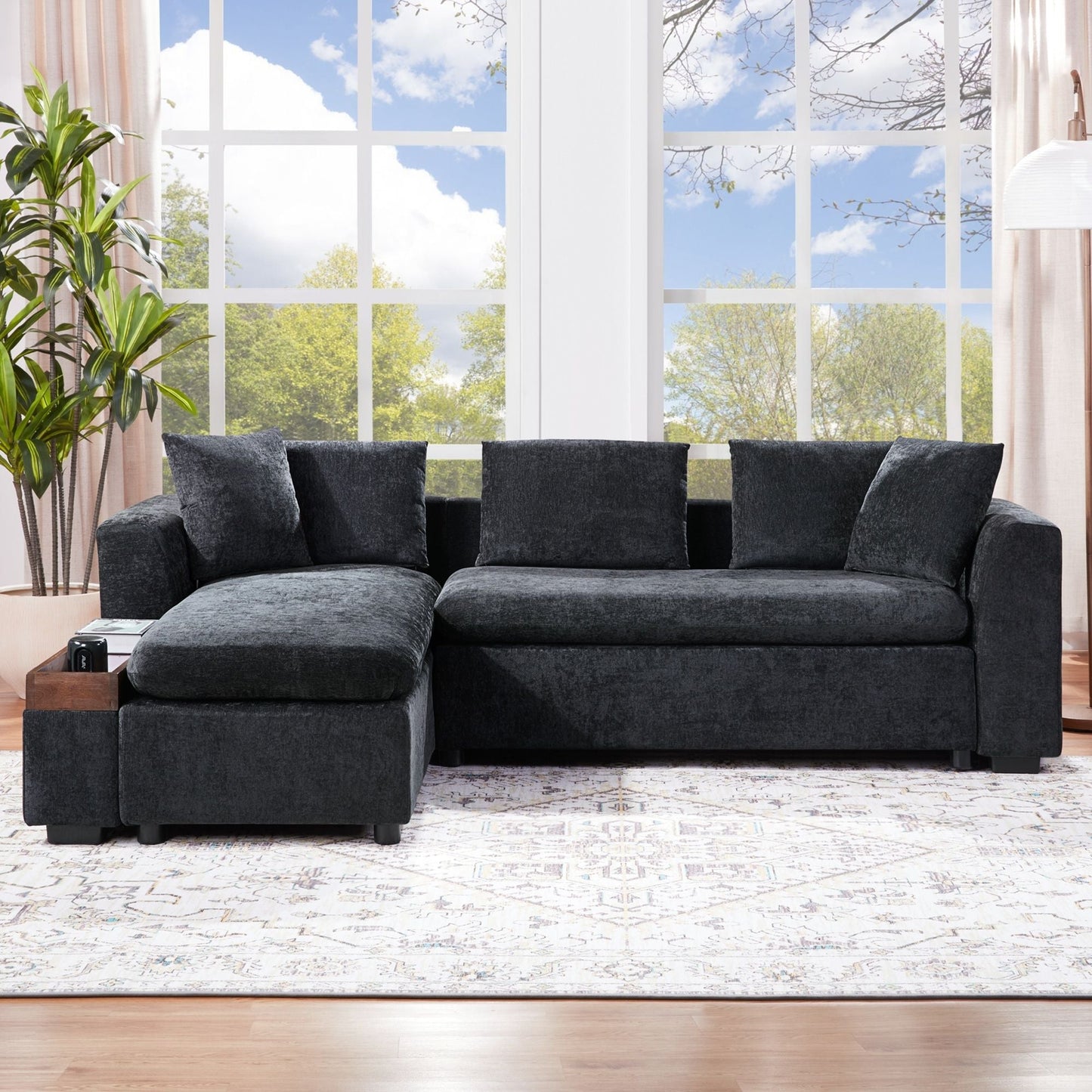 Modern L Shaped Sectional Sofa With Upholstery And Wooden Storage