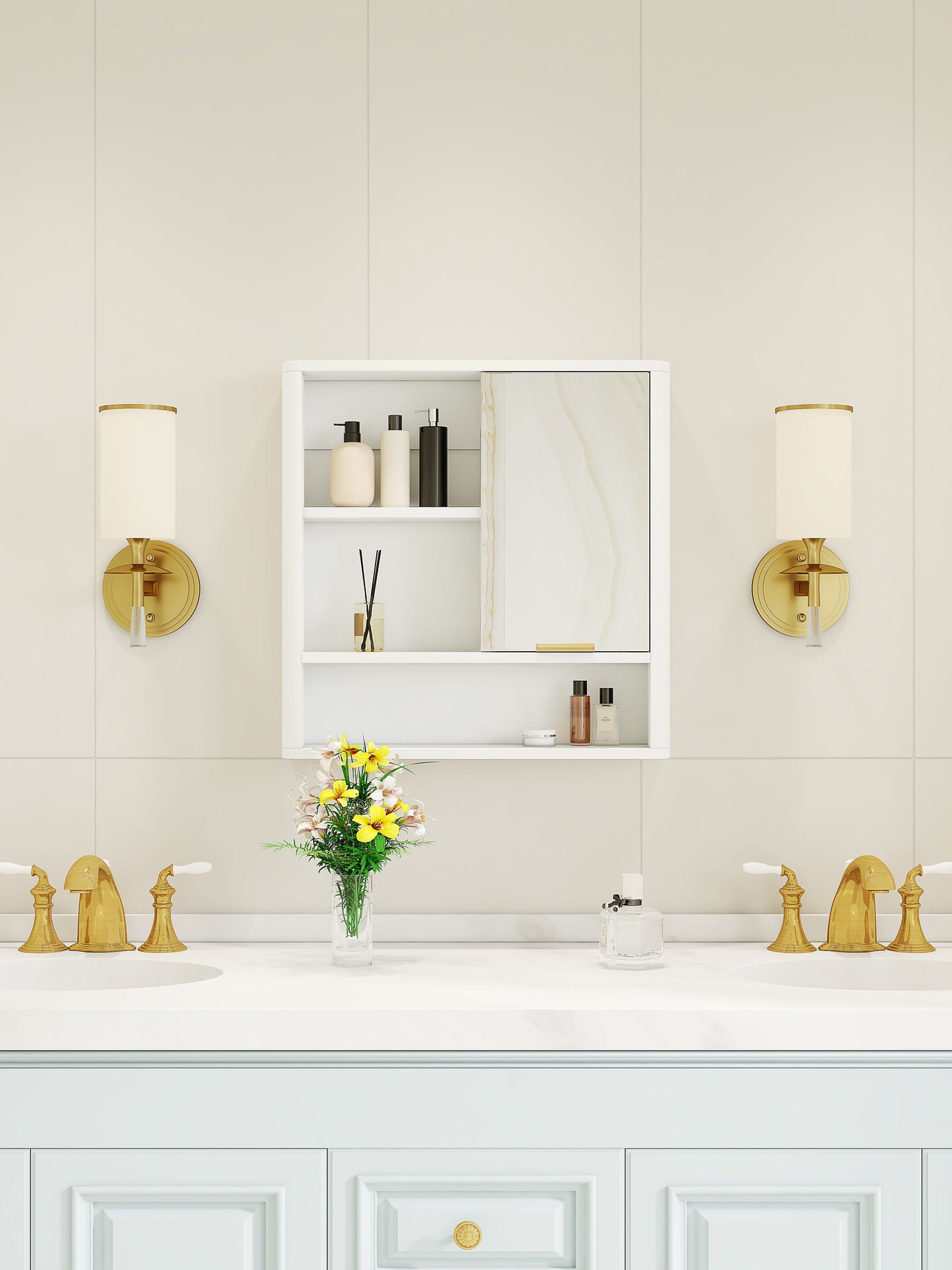 Modern Bathroom Mirror Cabinet with Open Shelves
