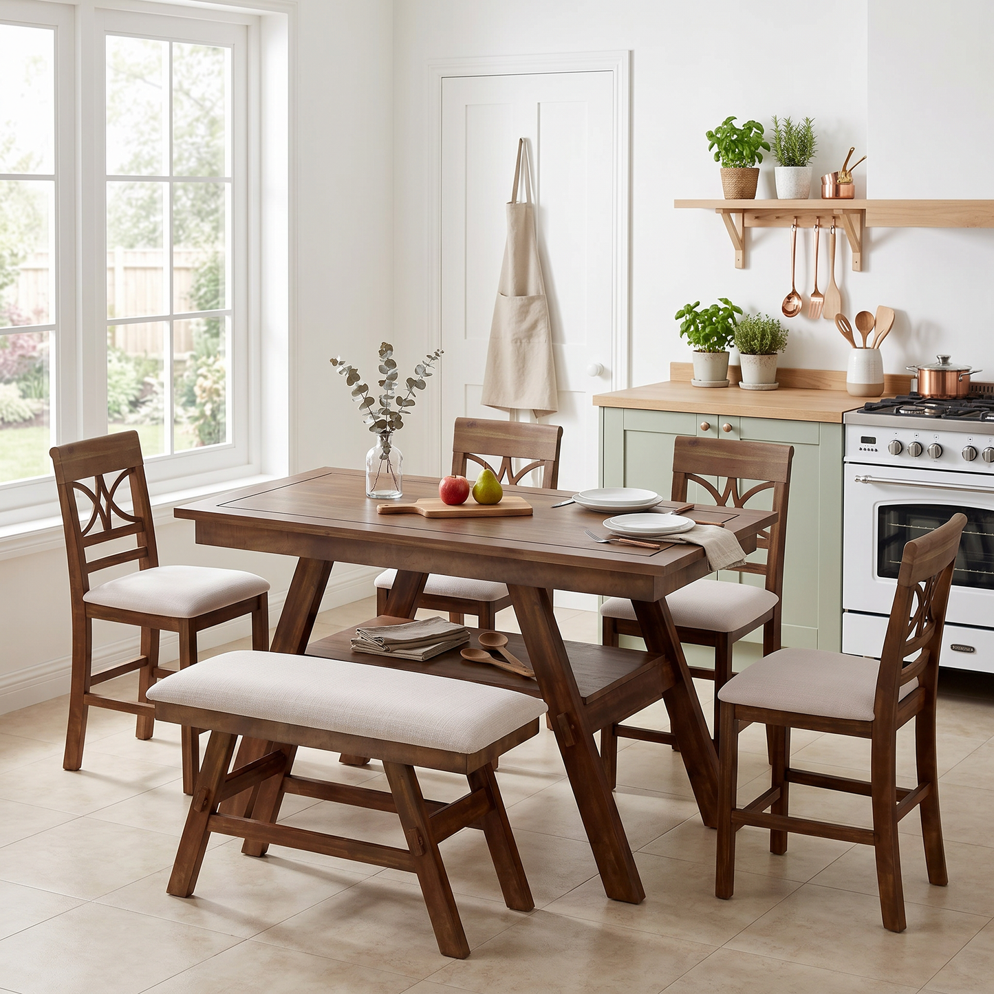 Topmax 6-Piece Wood Counter Height Dining Table Set with Storage Shelf