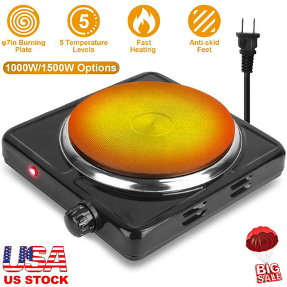 1500W Electric Single Burner Portable Heating Hot Plate Stove Countertop RV Hotplate with Non Slip Rubber Feet 5 Temperature Adjustments