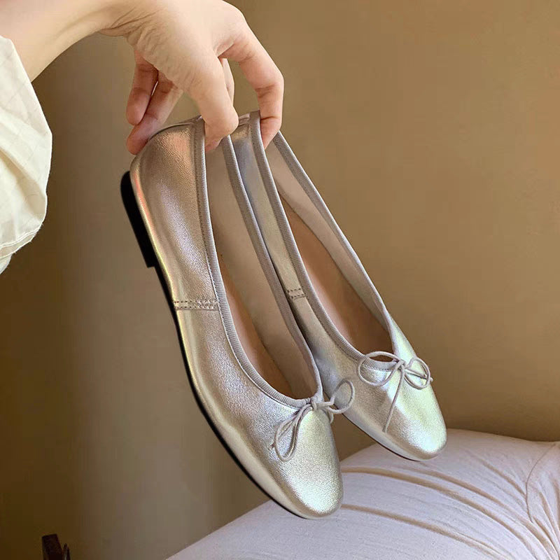 French-style Versatile Round-toe Low-cut Elegant Bow Flat Shoes
