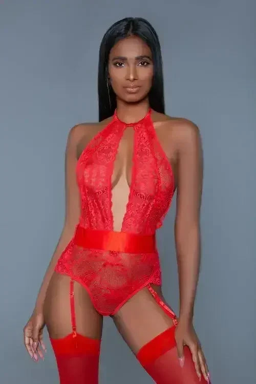 Satin Halter Bodysuit with Detachable Suspenders - Femstylo