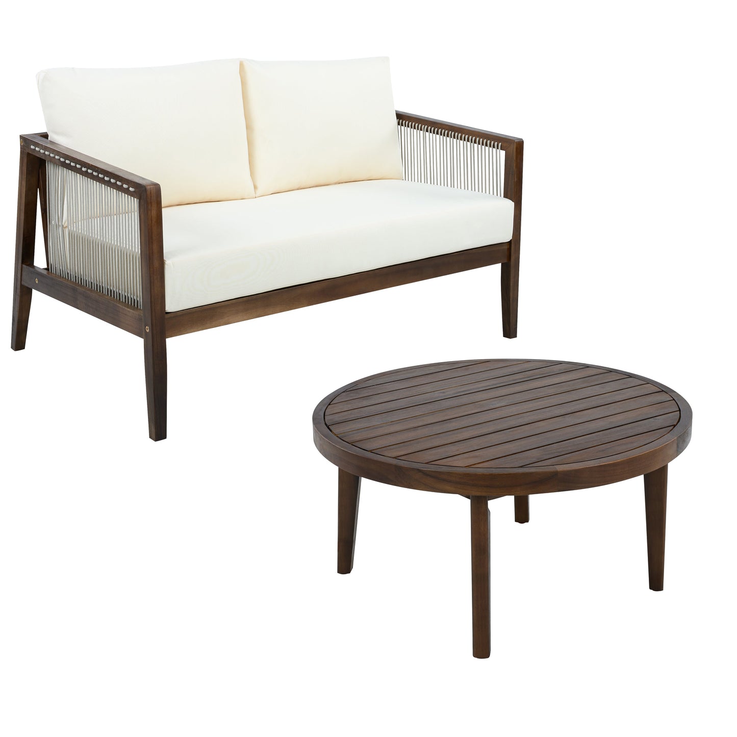 Outdoor Loveseat and Coffee Table Set, Acacia Wood Frame with Rope Detail