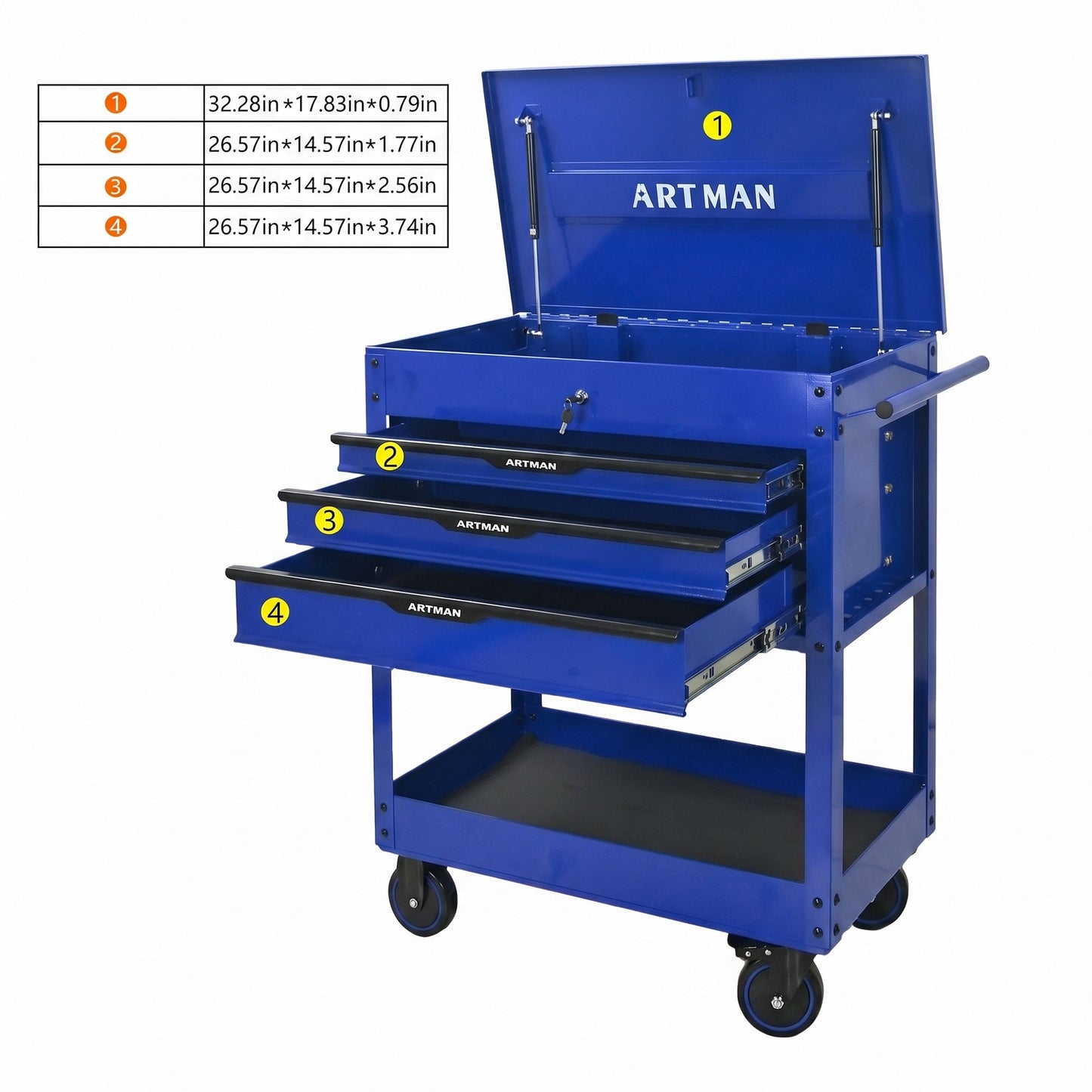 3 Drawers Multifunctional Tool Cart with Wheels and Steel Top - Blue & Black