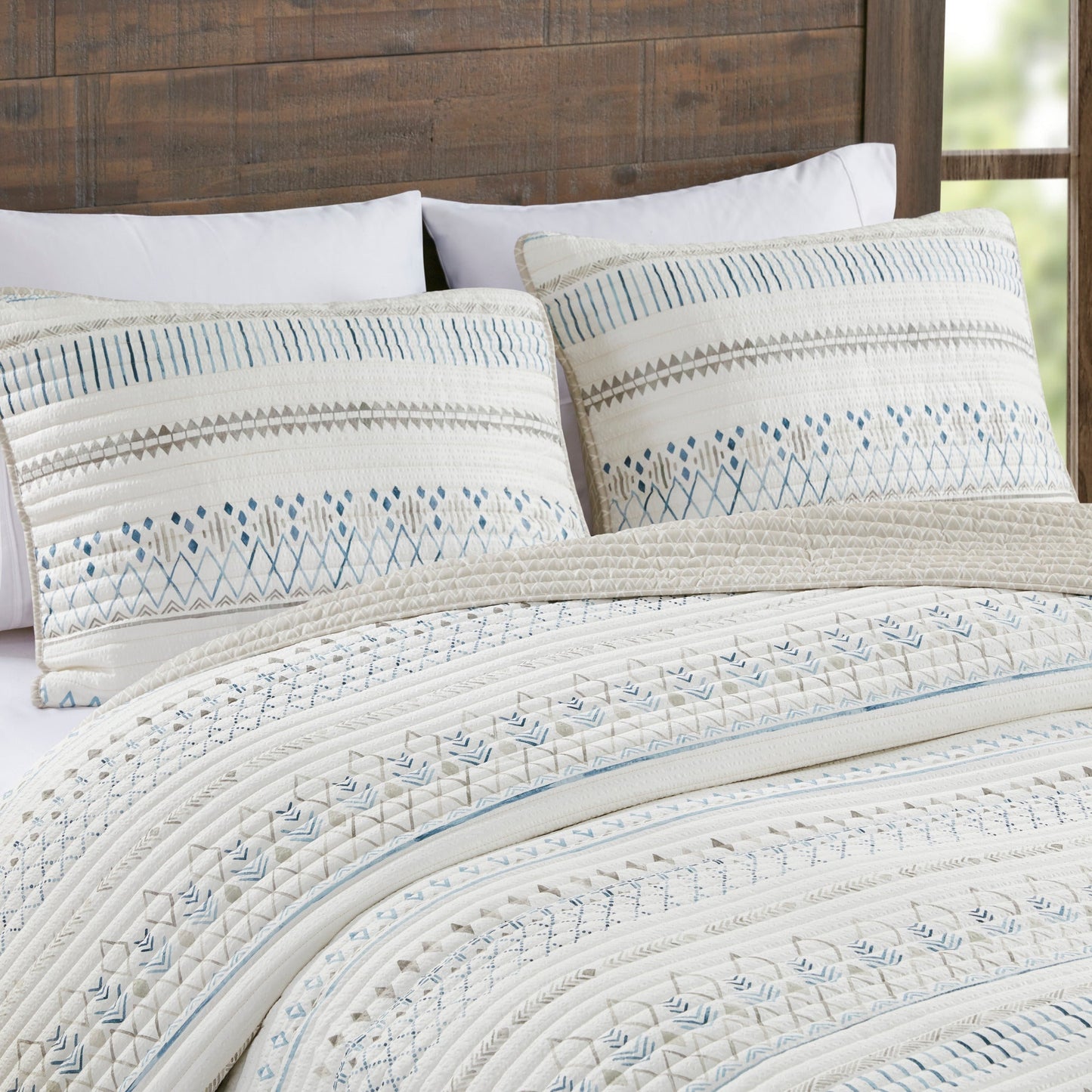 3 Piece Seersucker Quilt Set Taupe Blue King Cal King