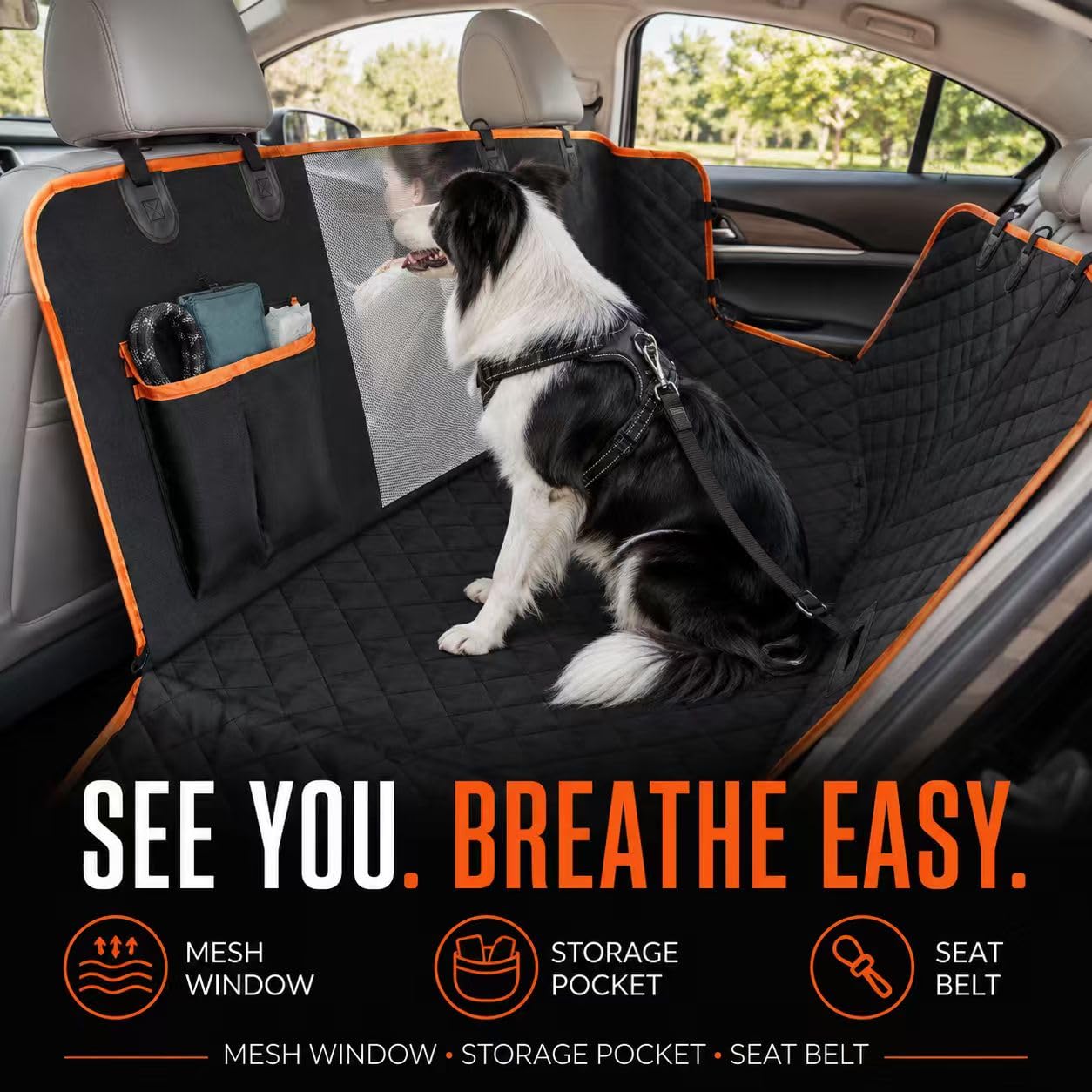 Dog Car Seat Cover For Back Seat,  Waterproof Hammock For Cars And SUVs Scratch-Resistant, Non-Slip Design With Mesh Window, Side Flaps And Storage Pocket, Black