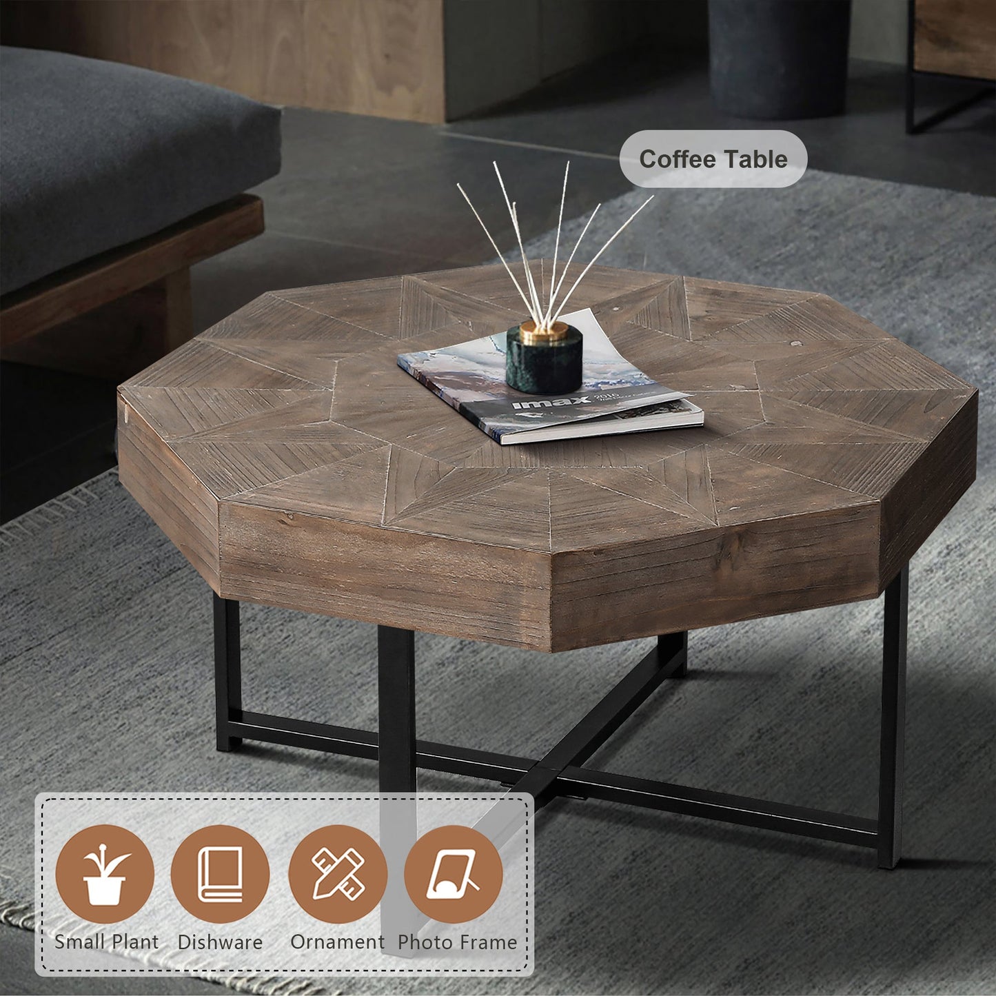 Wood Octagonal Vintage Patchwork Coffee Table