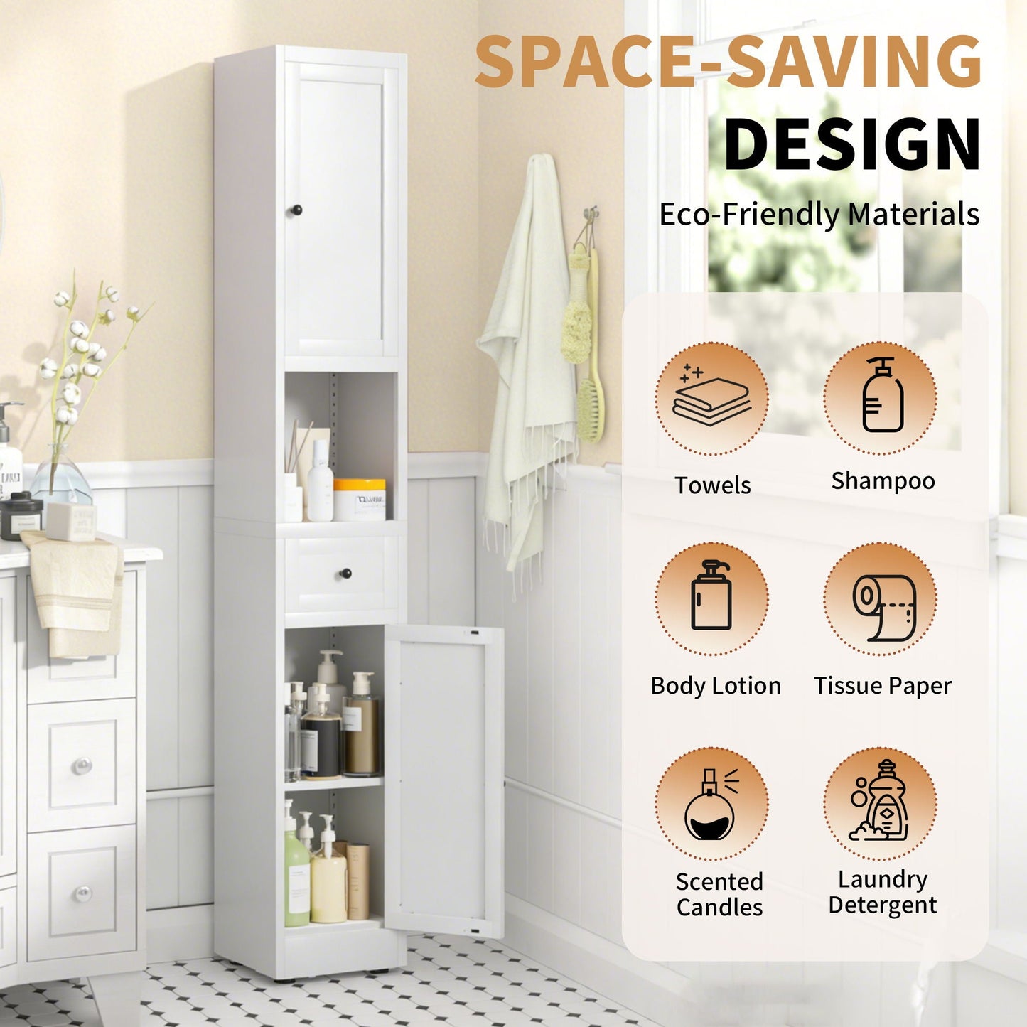 Tall Bathroom Storage Cabinet, 5-Tier Narrow With 2 Doors & Adjustable Shelves, Freestanding - White