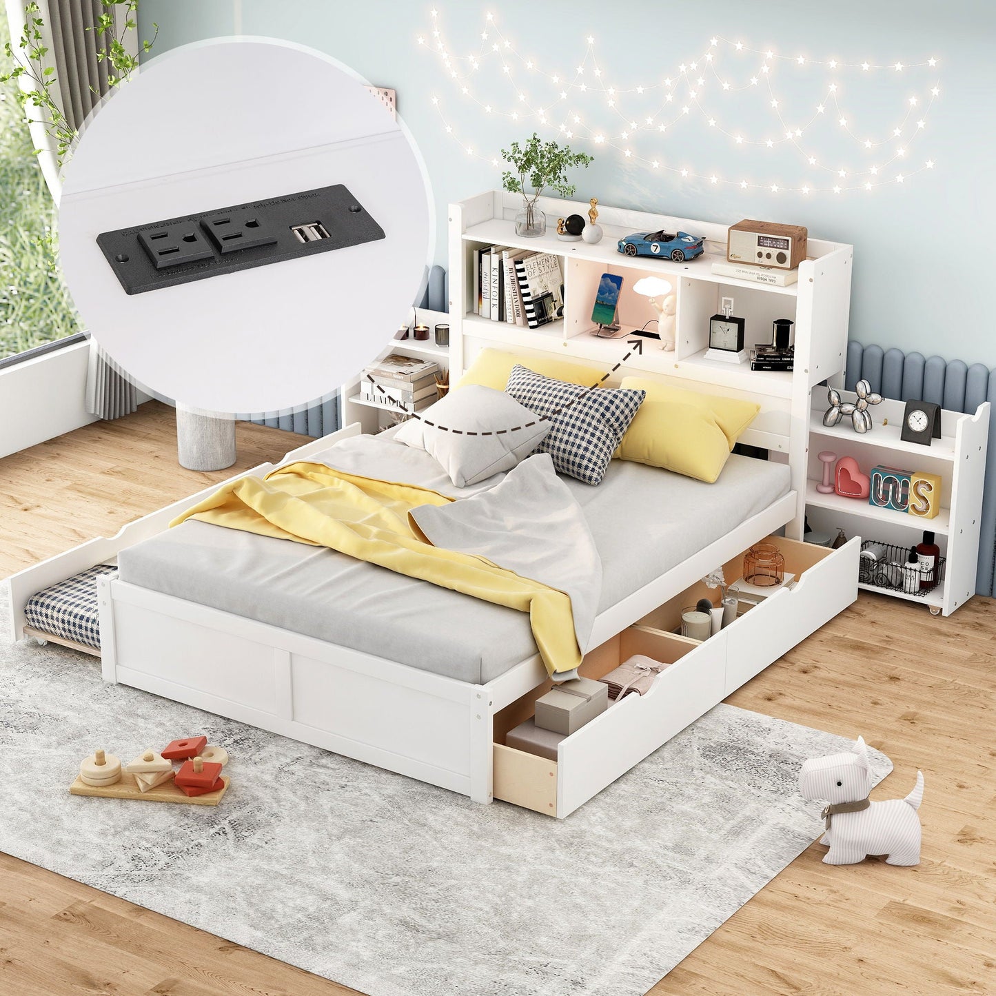 Storage Platform Bed With Pull Out Shelves, Trundle, And 2 Drawers