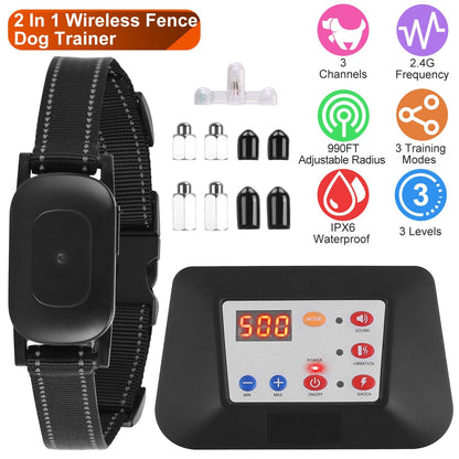 990FT Radius Dog Training Collar Wireless Fence IPX6 Waterproof Pet Beep Vibration Electric Shock Fence System 3 Channels Rechargeable Transmitter Rec