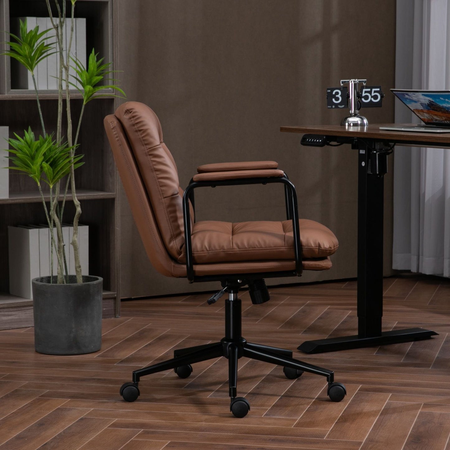 Office Chair, Mid Back Home Office Desk Task Chair With Wheels And Arms Ergonomic Computer Rolling Swivel Chair With Padded Armrest