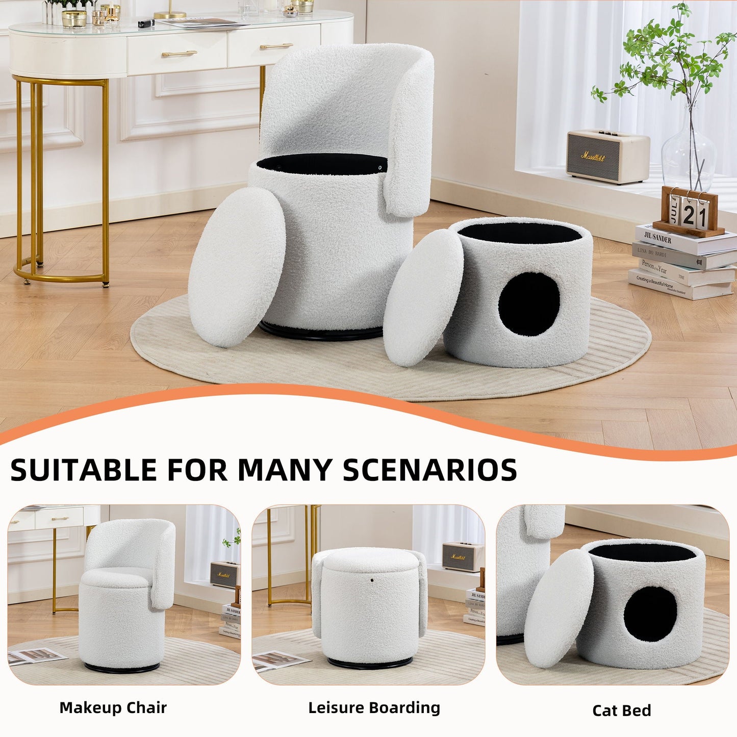Barrel Chair & Built In Storage, 360° Swivel - Beige
