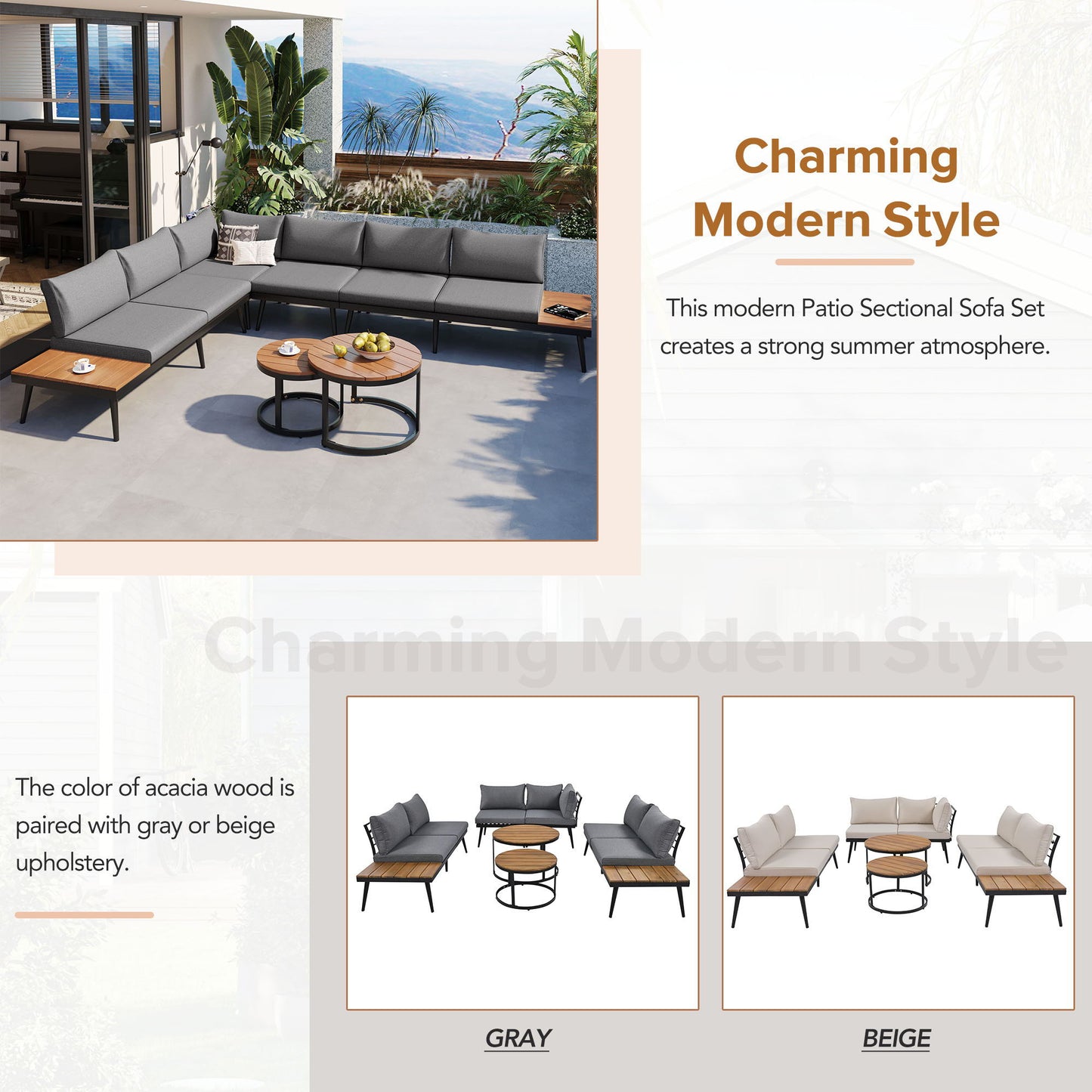 Modern Outdoor Sectional Sofa Set With Nesting Coffee Tables