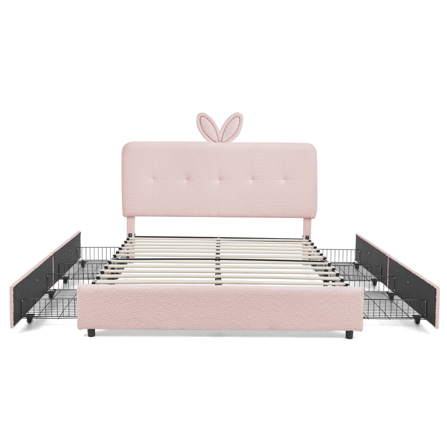 Queen Size Kids Upholstered Bed with Rabbit Ear Headboard & Storage