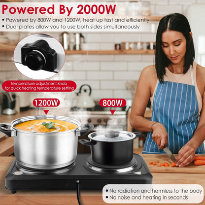 2000W Electric Infrared Dual Burner Portable Heating Hot Plate Stove Countertop RV Hotplate with 7.5Ó & 6.3Ó Glass Cooktop Stepless Temperature Adjust