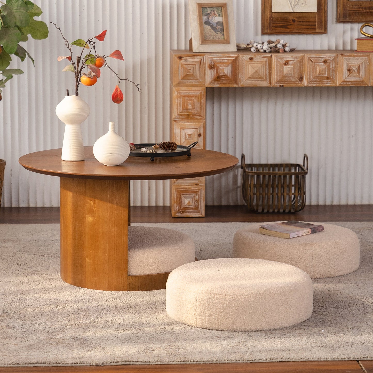 31.5" Round Wood Coffee Table with 3 Teddy Fabric Nesting Stools