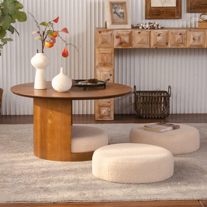 31.5" Round Wood Coffee Table with 3 Teddy Fabric Nesting Stools