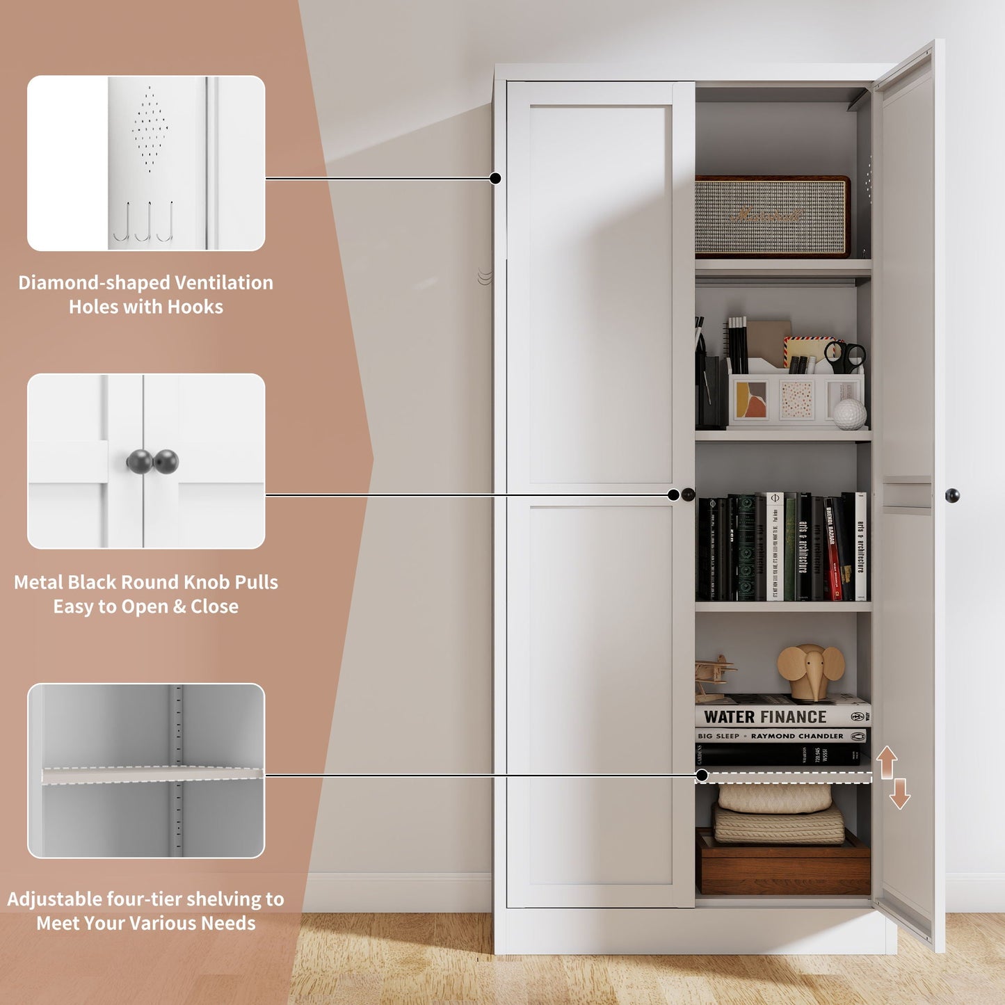Kitchen Pantry Cabinet Adjustable Storage With 4 Shelves, Heavy Duty Freestanding Pantry Organizer - White