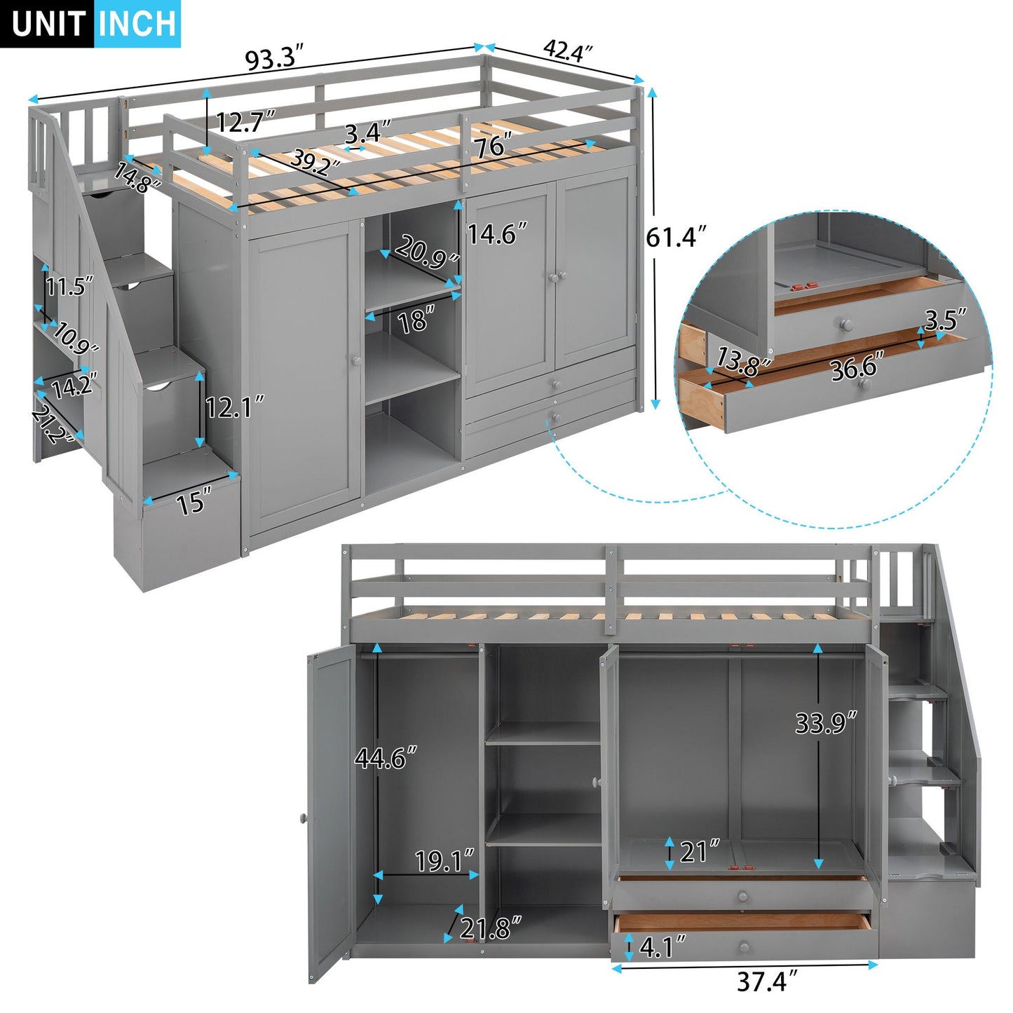 Loft Bed With 3 Shelves, 2 Wardrobes, 2 Drawers, Ladder Storage