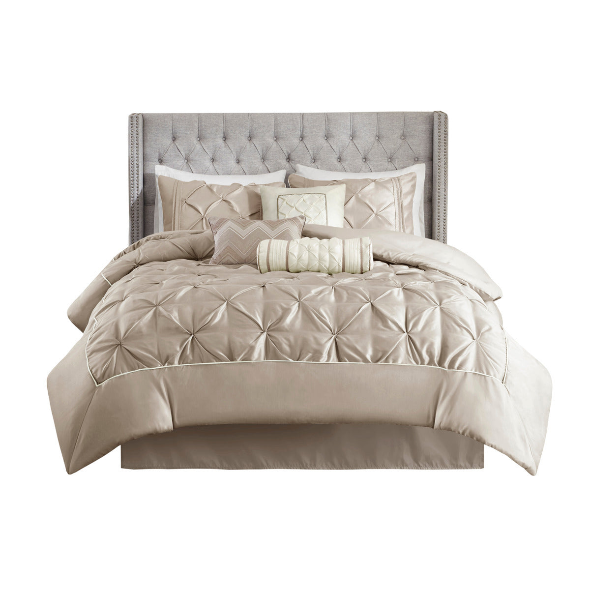 7 Piece Tufted Comforter Set Taupe Queen