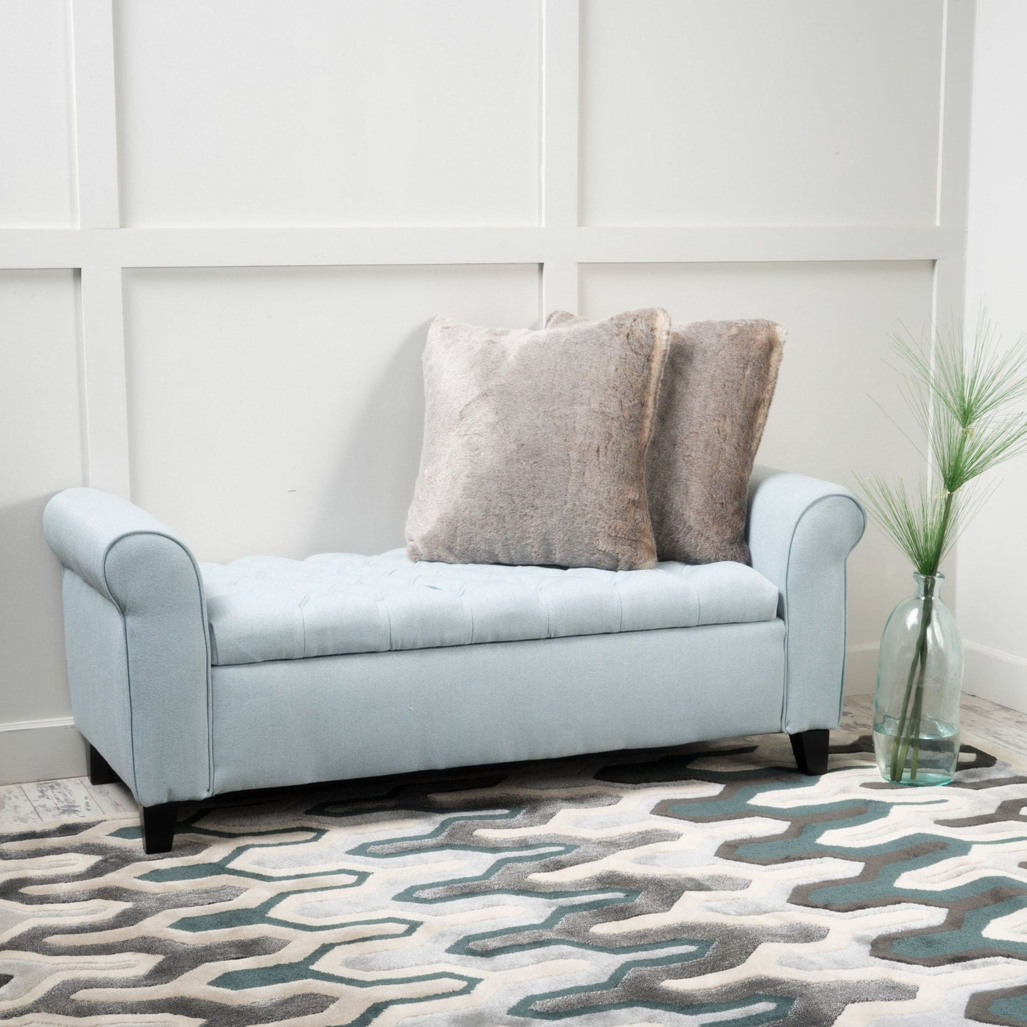 Hayes Contemporary Armed Storage Bench with Rolled Arms and Button Tufting