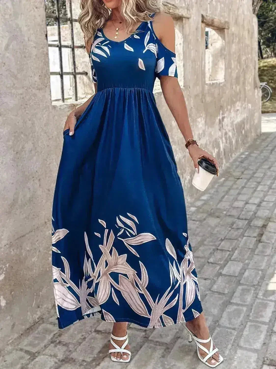 Printed Cold Shoulder Maxi Dress - Stylish Polyester Dress | Femstylo