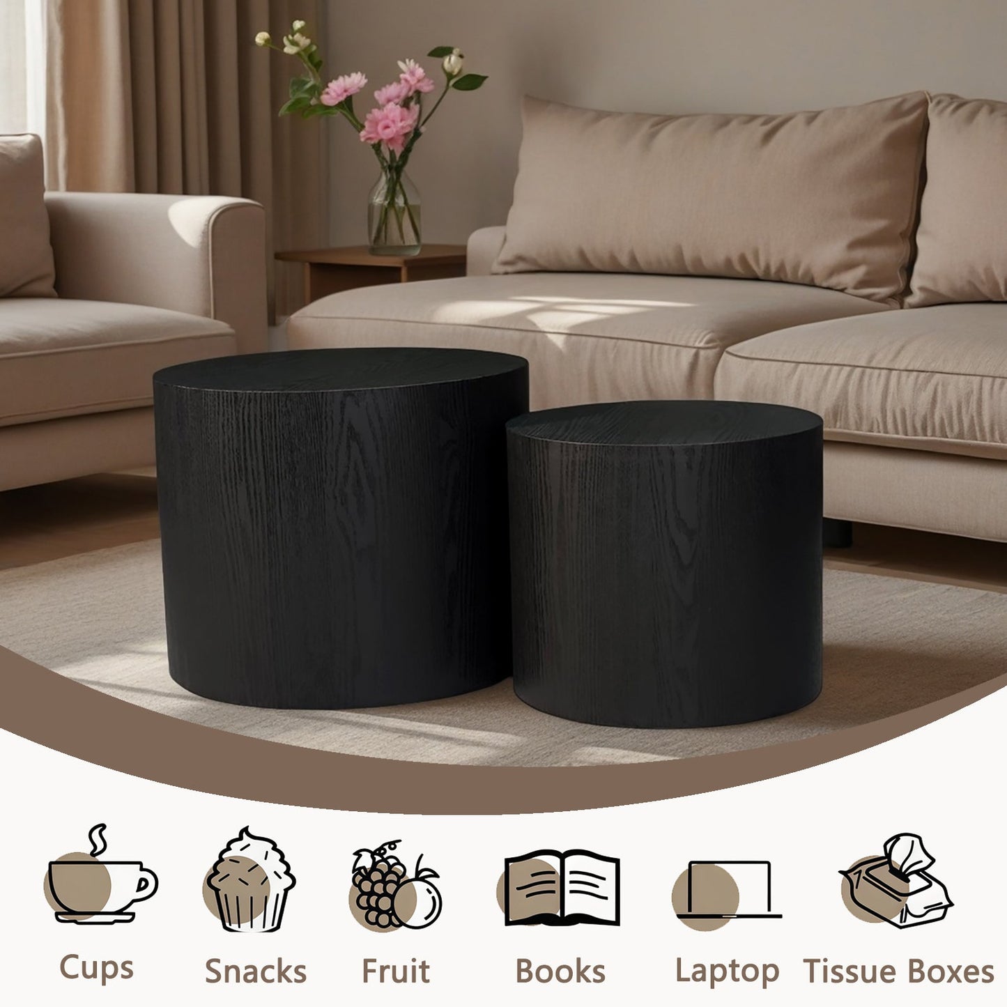 Nesting Coffee Table Set of 2, Modern Round Wood Side Tables
