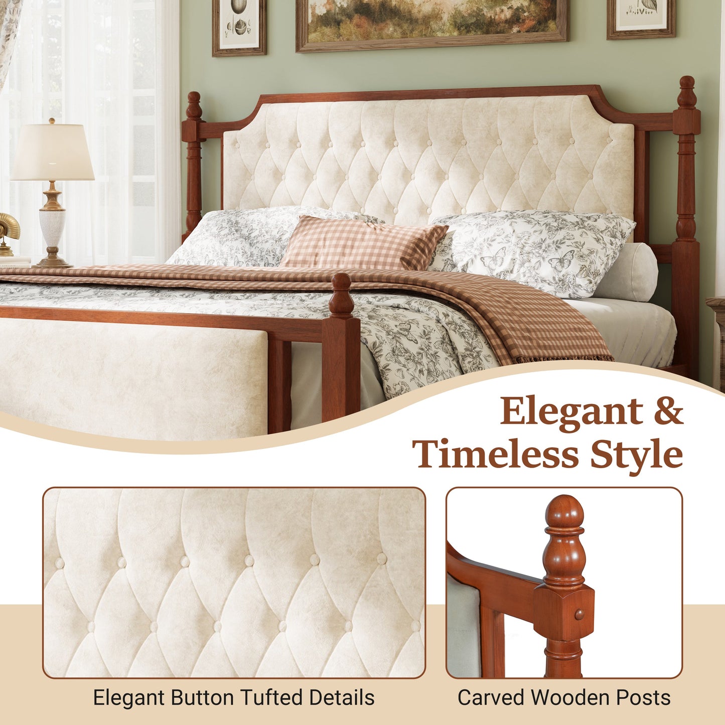 King Size Upholstered Platform Bed with Button Tufted Headboard