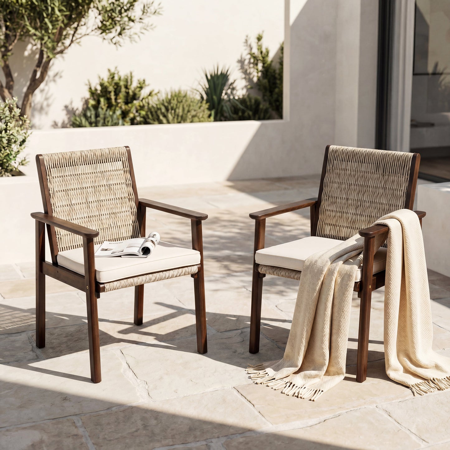 Outdoor Dining Chair Set with Acacia Wood & Wicker Rattan