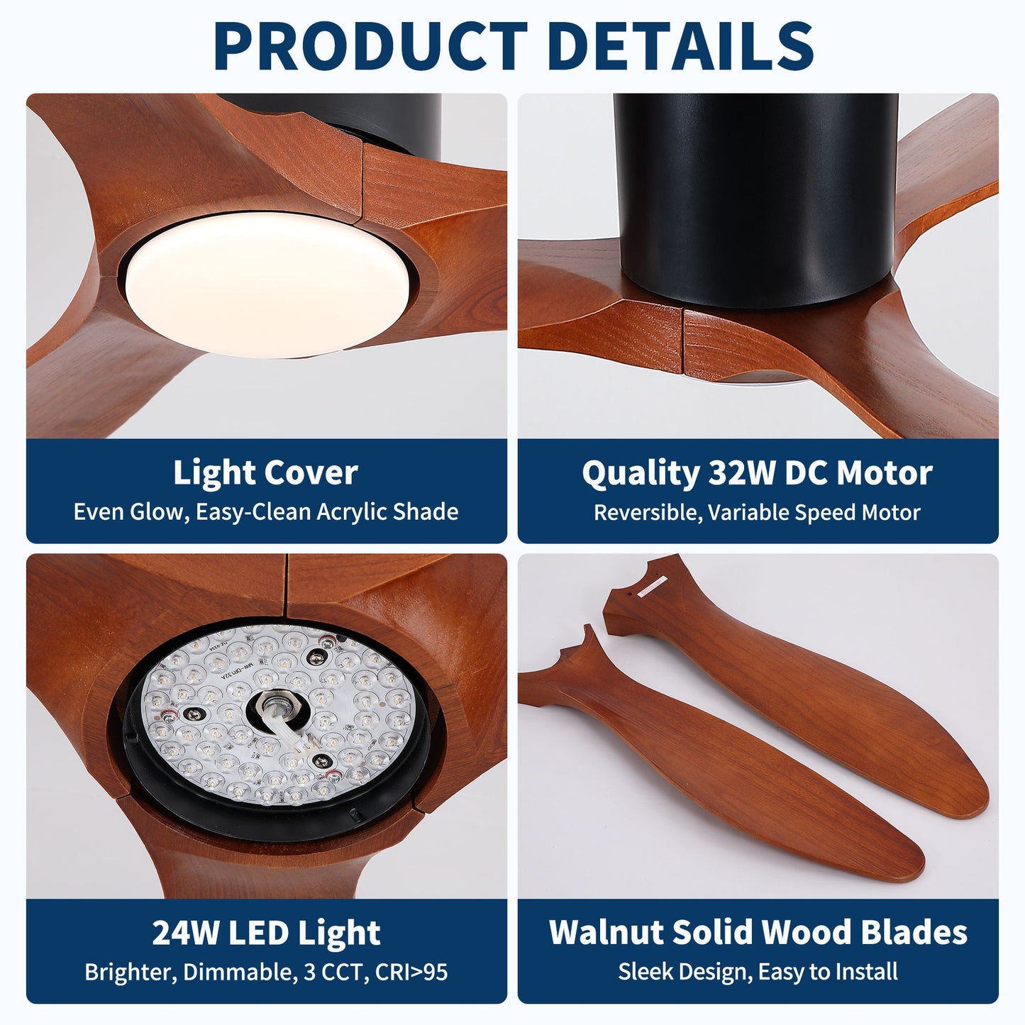 Low Profile Flush Mount Ceiling Fan With Light And Reversible Quiet Motor - Matte Black