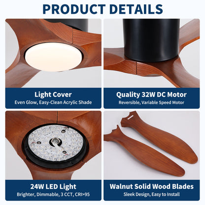 Low Profile Flush Mount Ceiling Fan With Light And Reversible Quiet Motor - Matte Black