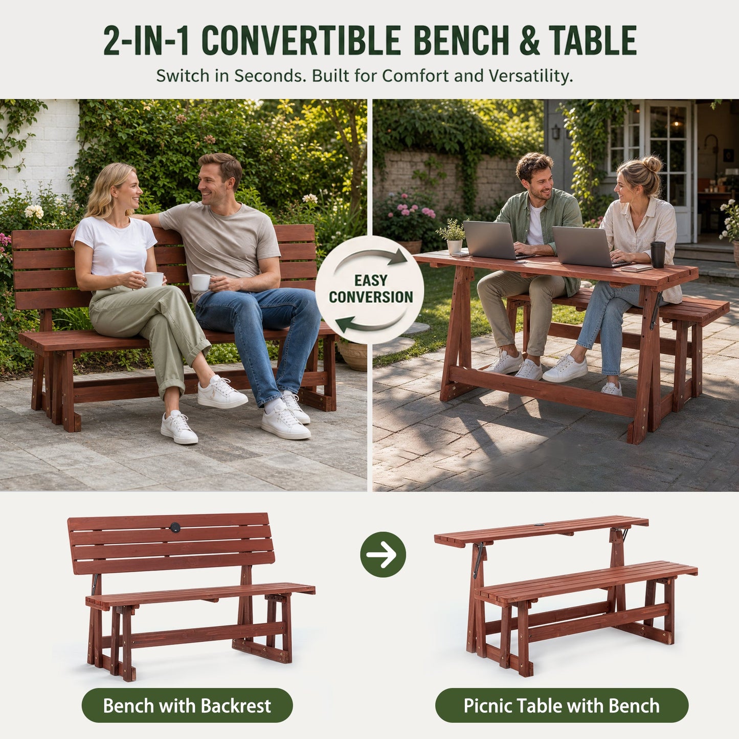 2-in-1 Convertible Bench Picnic Table