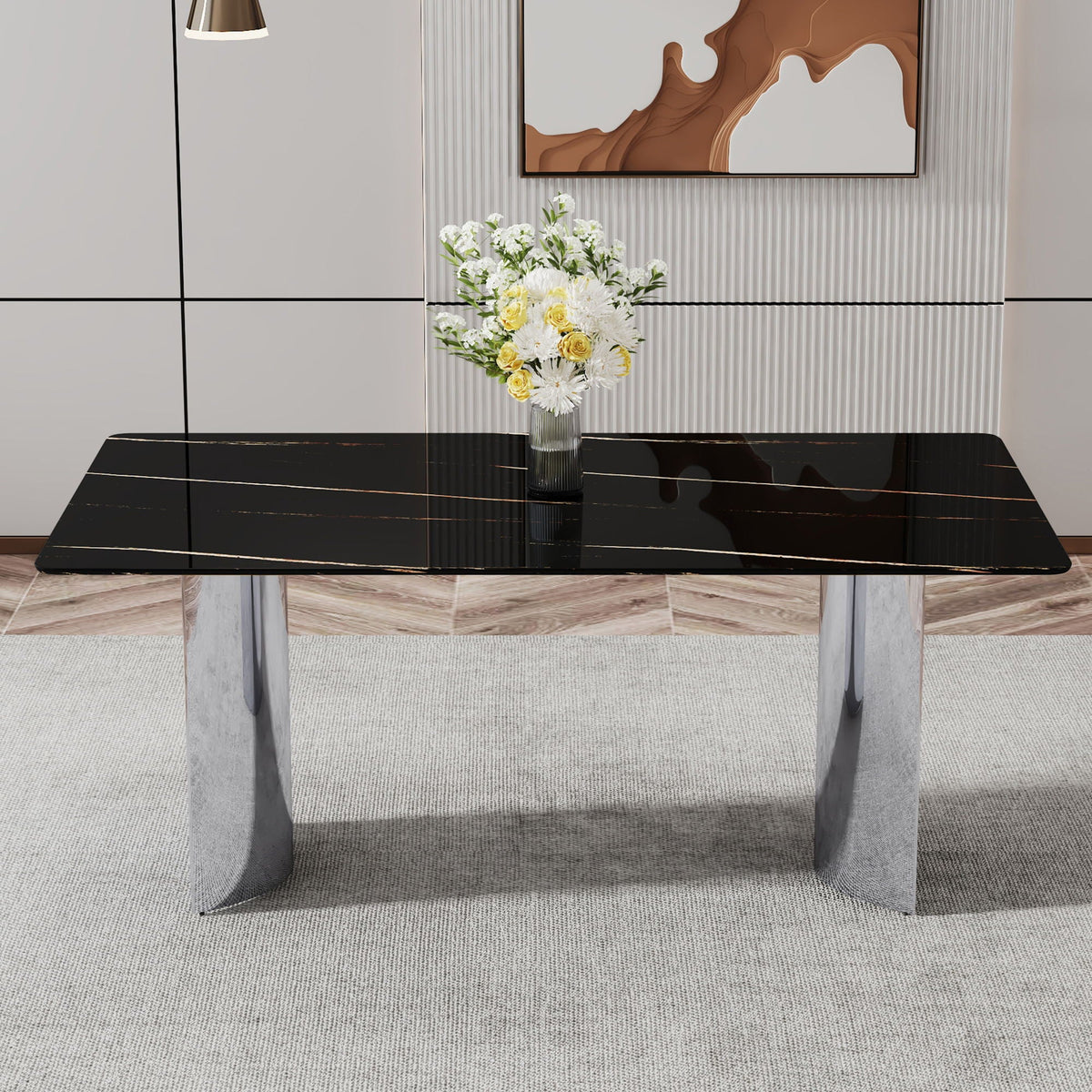 Modern Minimalist Dining Table With Marble Glass Top