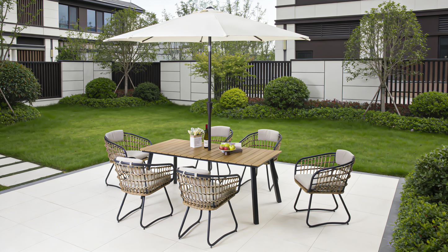 Outdoor Folding Dining Table for 4-6 with Steel Frame and Umbrella Hole