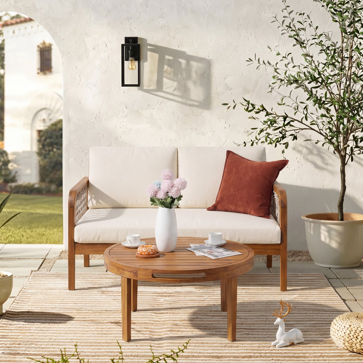 Outdoor Acacia Wood Loveseat & Coffee Table Set with Handwoven Rope, Teak Finish