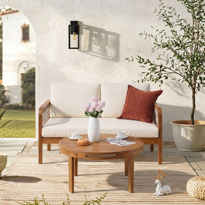 Outdoor Acacia Wood Loveseat & Coffee Table Set with Handwoven Rope, Teak Finish