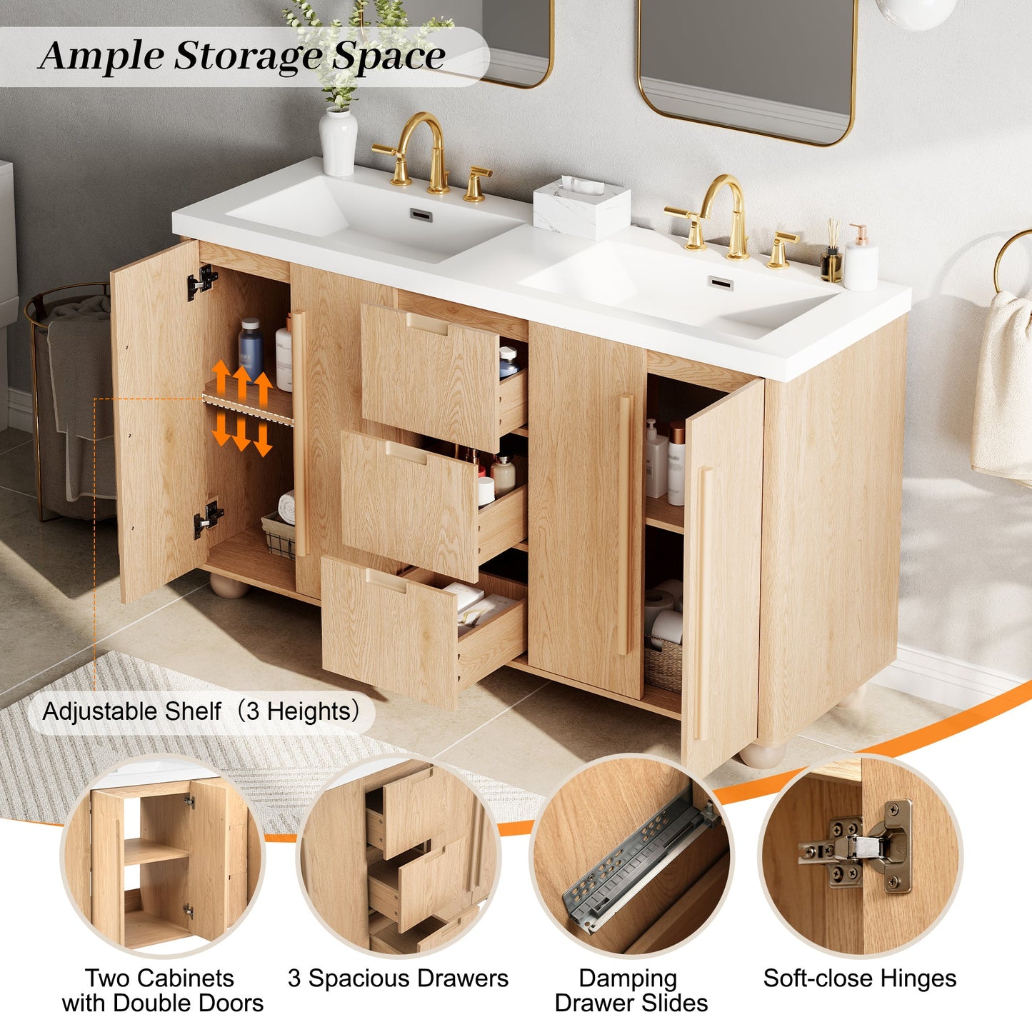 58.3" Bathroom Vanity Cabinet With 3 Drawers & 4 Doors