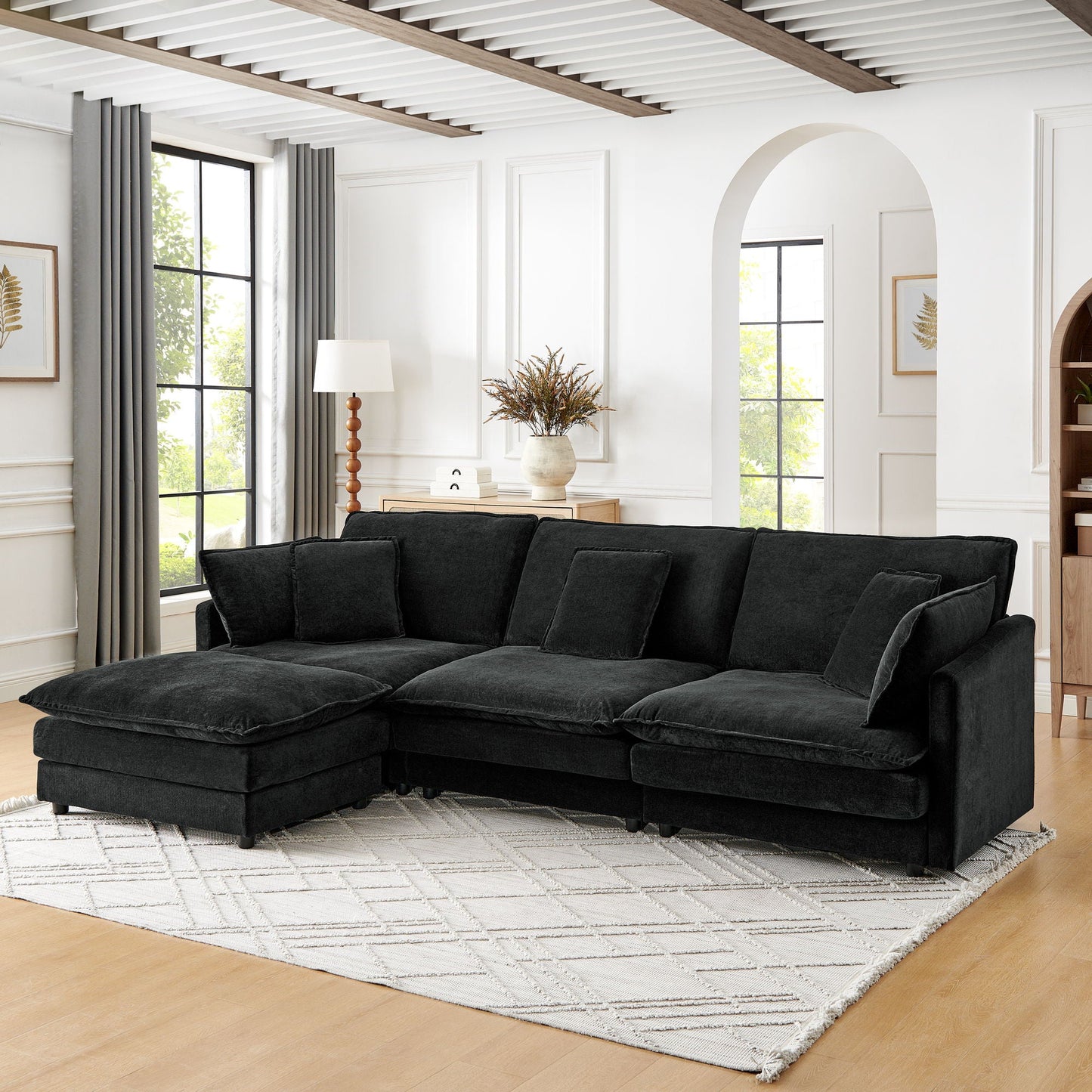 L-Shaped Sectional Sofa With Ottoman, Convertible 4 Seater Couch