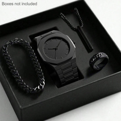 Mens Quartz Watch Necklace Bracelet Set
