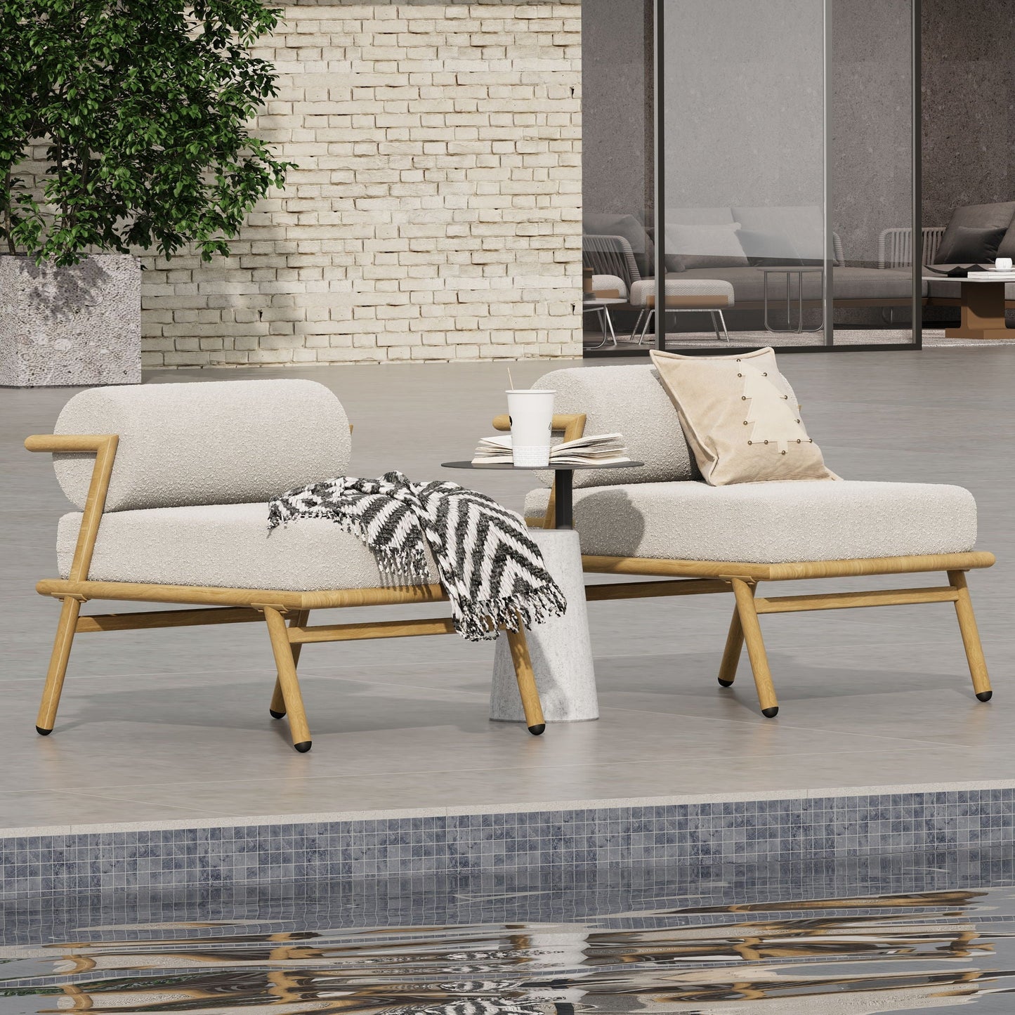 La Fiora Outdoor Patio Iron Club Chair (Set of 2) - Off White / Teak