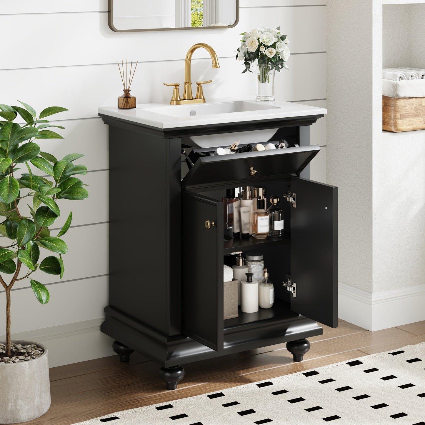 24" Modern Bathroom Vanity with Tip-Out Drawer & Soft-Close Hinges