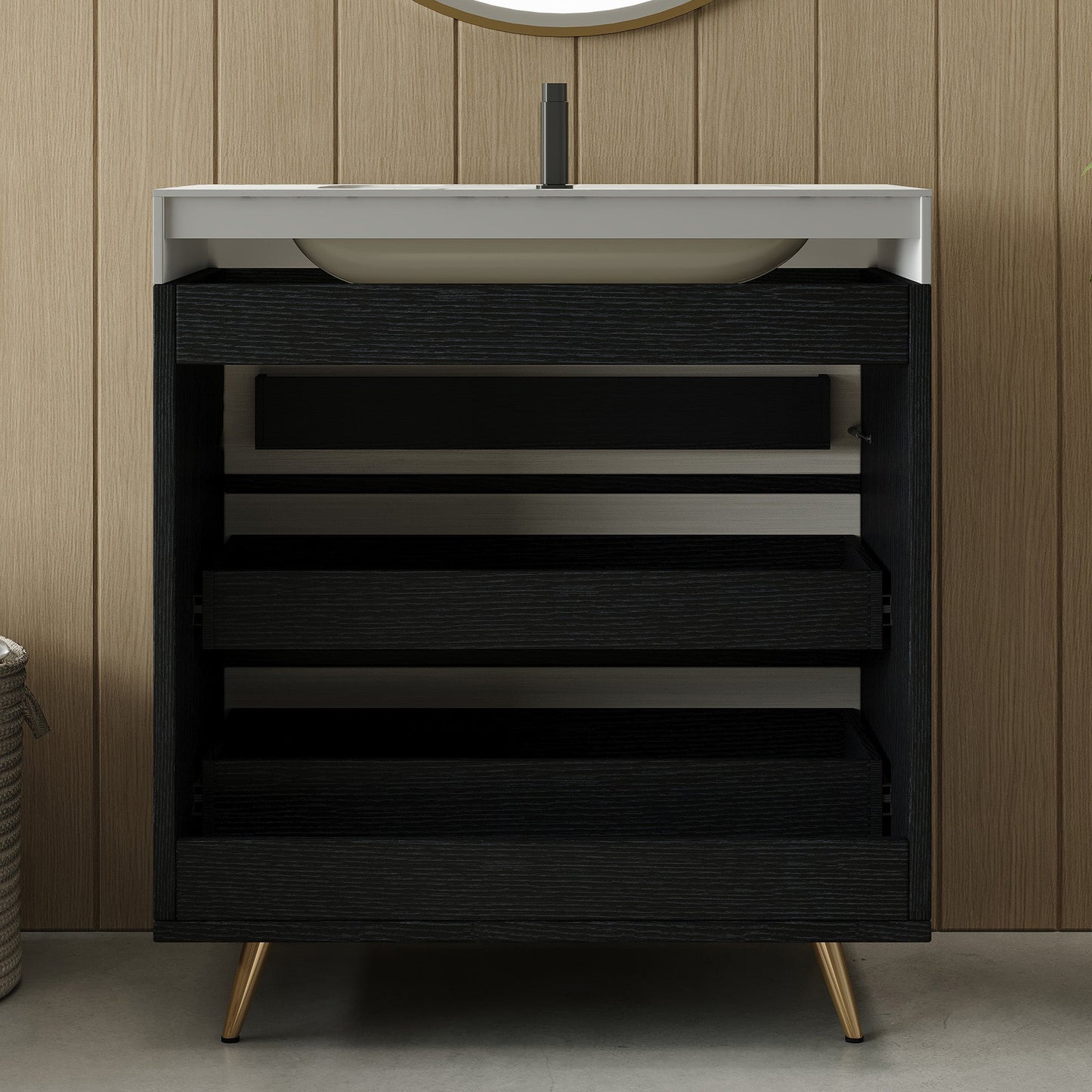 Modern Free-Standing Bathroom Vanity with Ceramic Vessel Sink & Durable Sintered Stone Top
